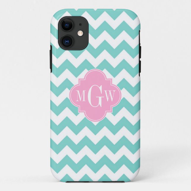 Coques Case-Mate iPhone Turq / Aqua Wht Chevron Rose 3 Monogramme initial (Dos)