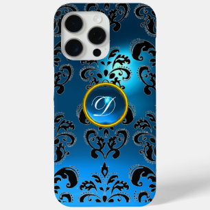 COQUE iPhone 15 PRO MAX TURQUOISE AQUA BLEU BLACK DAMASK MONOGRAM DE PIERR