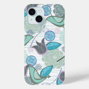 Coque Pour iPhone 15 Turquoise Aqua Blue Sweet Birds Floral Garden Chic