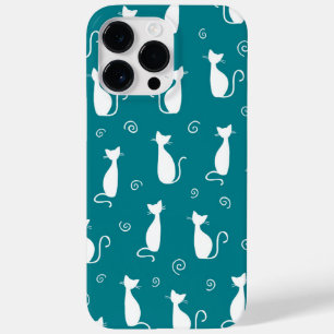 COQUE POUR POUR iPhone 14 PRO MAX TURQUOISE AVEC MOTIF CHAT SITTTING BLANC