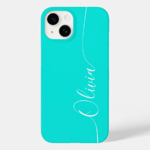 Coque Pour iPhone 14 Turquoise Blanc Élégant Nom en Calligraphie