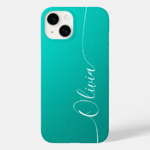 Coque Pour iPhone 14 Turquoise Blanc Élégant Nom en écriture calligraph