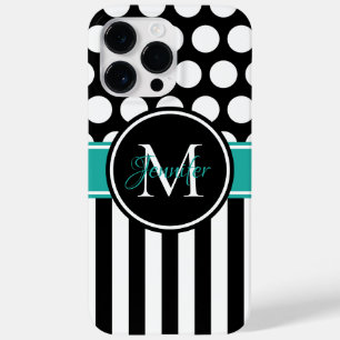 Coque Pour Pour iPhone 14 Pro Max Turquoise Blanc Rayure Pois Monogramme Noir