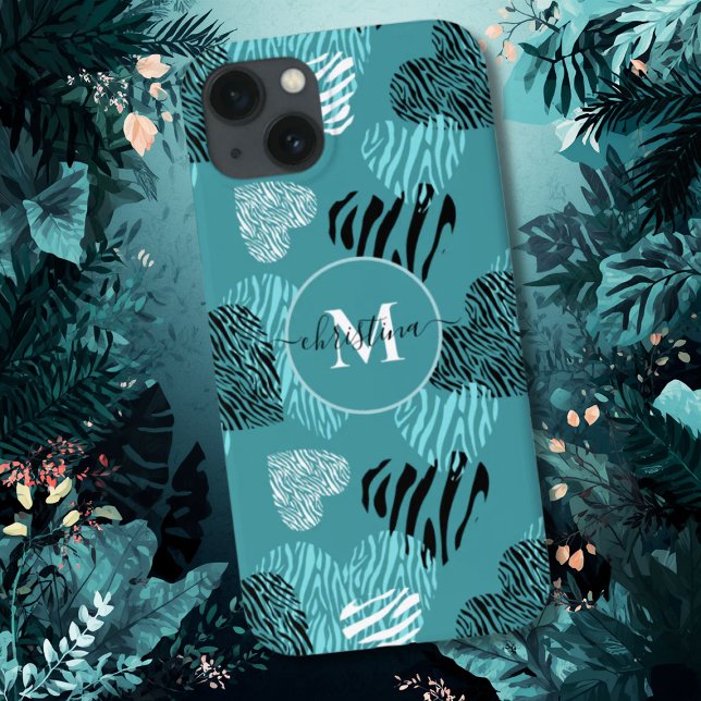 Coques Case-Mate iPhone Turquoise Blanc Zèbre Imprimer Coeurs Monogramme c (Créateur téléchargé)