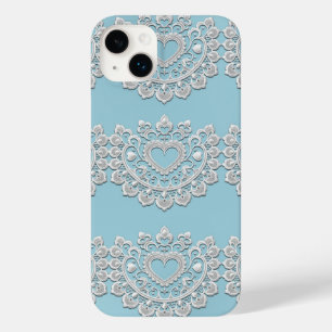 Coque Pour iPhone 14 Plus Turquoise Bleu Blanc dentelle Coeur Mariage