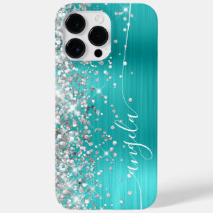 Coque Pour Pour iPhone 14 Pro Max Turquoise Bleu et Paillettes Argentées Glamour Sig