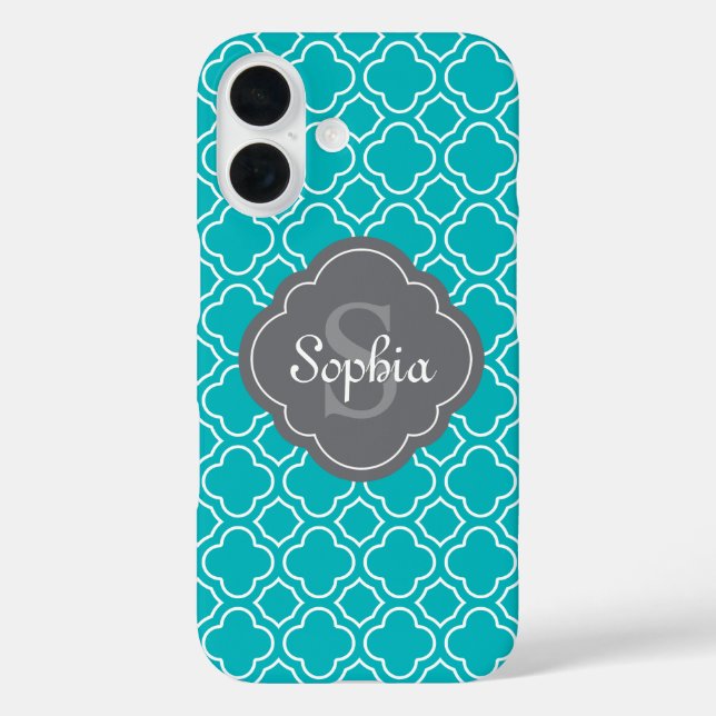 Coques Case-Mate iPhone Turquoise bleu Quatrefoil Motif gris Monogramme (Verso)