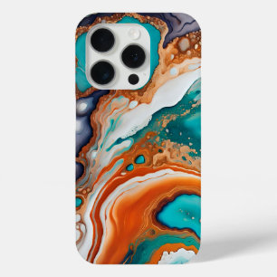 Coque iPhone 15 Pro Turquoise bleu, rouille et or peinture abstraite