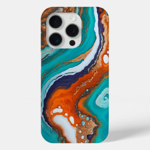 Coque iPhone 15 Pro Turquoise bleu, rouille et or peinture abstraite