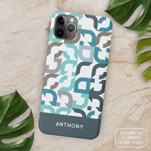 Coque iPhone 15 Pro Max Turquoise Bleu Vert Brown Gris Moyen-siècle Motif 