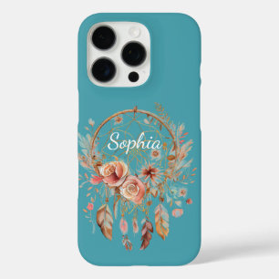 Coques iPhone 16 Pro Turquoise Blue Boho Floral Feathers Dream Catcher
