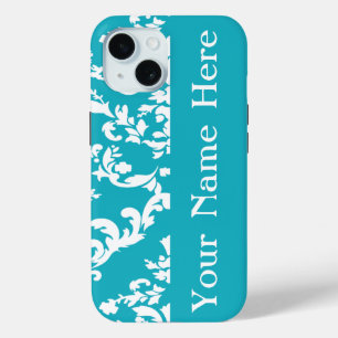 Coque Pour iPhone 15 Turquoise Bold Damask avec nom @ Emporiomoffa