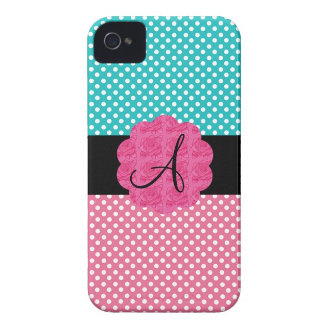 Coques Case-Mate iPhone Turquoise et monogramme rose de pois (Dos)