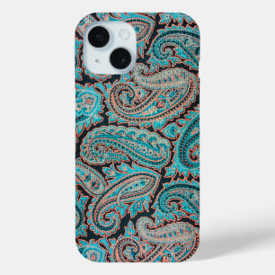 Coque Pour iPhone 15 Turquoise et Motif Coral Paisley