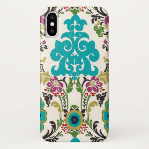 Coque iPhone X Turquoise florale de prune de motifs de damassé