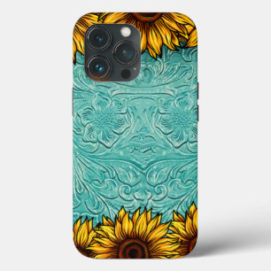 Case-Mate iPhone Case Turquoise Leather Tooled Bright Sunny Sunflowers