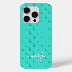 Coque iPhone 15 Pro Turquoise Moderne Monogramme Nom Couleur Unie Sa