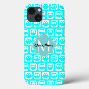 Etui iPhone 13 Turquoise Owl Motif Aqua Nom personnalisé