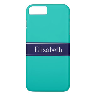 Coque iPhone 7 Plus Turquoise solide, Nom du ruban bleu marine Monogra