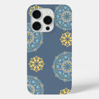 Coque iPhone 15 Pro Turquoise Turquoise bleu et jaune Mandala Art Moti