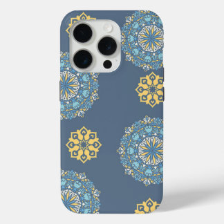 Coque iPhone 15 Pro Turquoise Turquoise bleu et jaune Mandala Art Moti