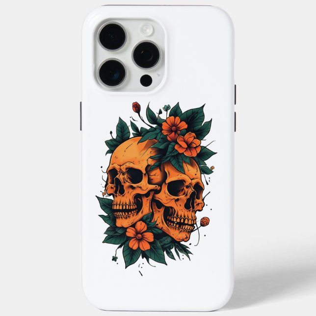 Coques Case-Mate iPhone Twin Skulls with Orange Florals Gothic (Verso)