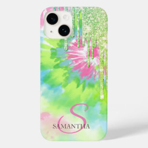 Coque Pour iPhone 14 Tye-Dye avec Gouttes de Paillettes Vertes Élégante