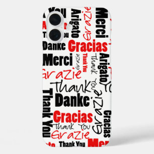 iPhone 16 Plus Case Typographie multilingue Merci noir et rouge