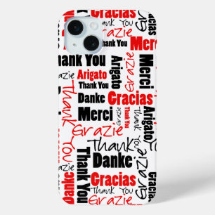 Coque iPhone 15 Mini Typographie rouge et noire Merci multilingue