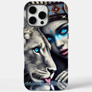 Coques iPhone 16 Pro Max Un guerrier et un lion natifs sous la lune