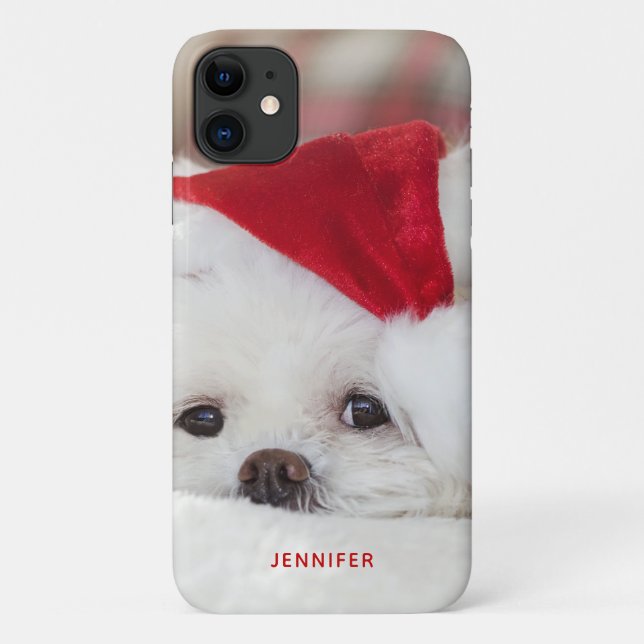 Coques Case-Mate iPhone Un mignon chien blanc dans un Casquette de Noël ro (Dos)