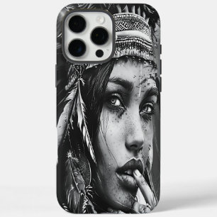 Coques iPhone 16 Pro Max Une guerrière indienne décorée de plumes vibrantes