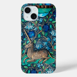 Coque Pour iPhone 15 UNICORN PARMI LES FLEURS BLEUES Aqua Blue Green Fl