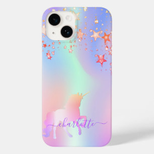 Coque Pour iPhone 14 Unicorn rose violet étoiles nom holographique