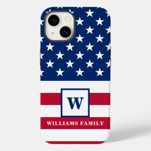 Coque Pour iPhone 14 USA American Flag Monogramme Nom de famille 4 juil