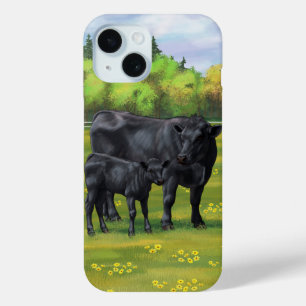 Coque Pour iPhone 15 Vache d'Angus noir et veau mou en pâturage d'été