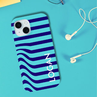 Coque Pour iPhone 15 Vague bleu moderne avec nom personnalisé