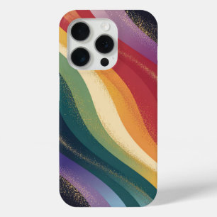 Coque iPhone 15 Pro Vagues arc-en-ciel rétro aux accents dorés