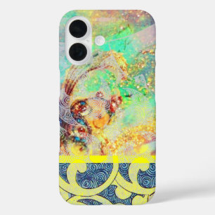 Coques iPhone 16 VAGUES / Bleu Jaune brillant en étincelles d'or