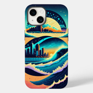 Coque Pour iPhone 14 Vagues brisant les lumières de la ville étoiles nu
