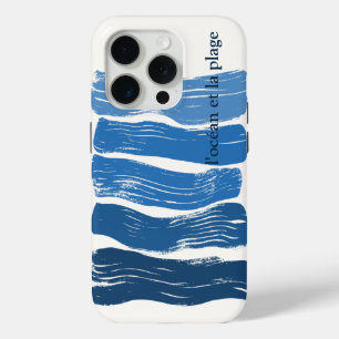 Coque iPhone 15 Pro Vagues d'art minimaliste dans un dégradé bleu, la