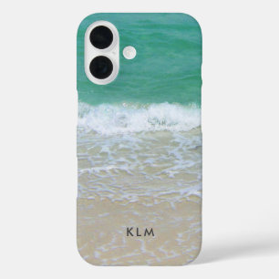 Coque Pour iPhone 16 Vagues de plage côtière sur le monogramme de sable