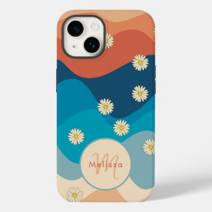Coque Pour iPhone 14 Vagues et marguerites colorées Motif Monogramme