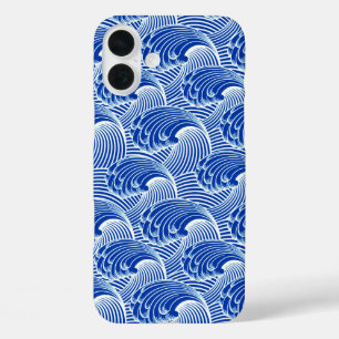 Coques iPhone 16 Plus Vagues japonaises vintages, Bleu de Cobalt et Blan