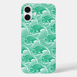 Coques iPhone 16 Plus Vagues japonaises vintages, Jade Green et White