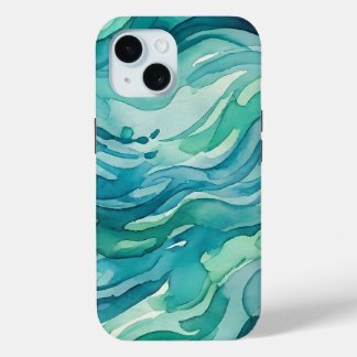 Coque Pour iPhone 15 Vagues océaniques à l'aquarelle sarcelle