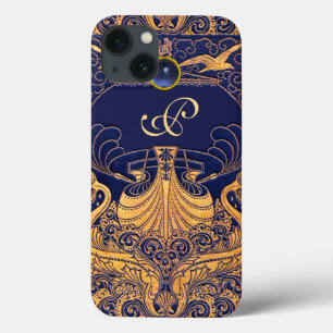 iPhone 13 Case Vaisseau antique, Dauphins, Or, Monogramme bleu ma