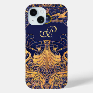 Coque Pour iPhone 15 Vaisseau antique, Dauphins, Or, Monogramme bleu ma