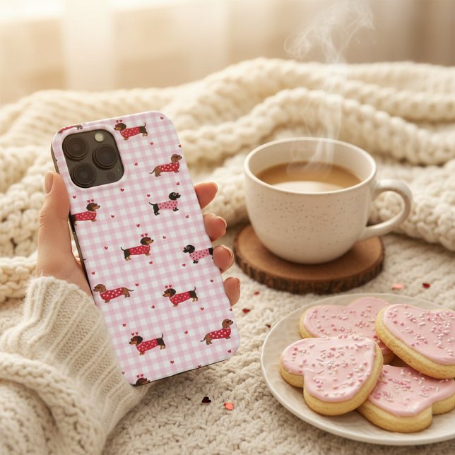 Coques Case-Mate iPhone Valentine Dachshund Cute Pink Gingham Heart Dog (Créateur téléchargé)