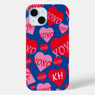 Coque Pour iPhone 15 Valentine XOXO Coeur rose Motif bleu Nom